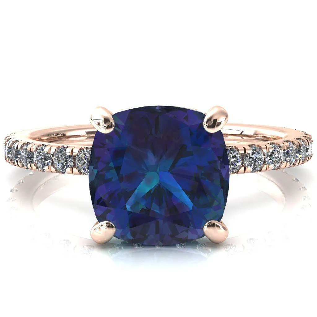 Sicili Cushion Alexandrite 4 Prong 3/4 Micro Pave Diamond Engagement Ring