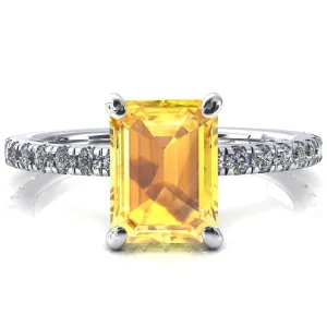 Sicili Emerald Yellow Sapphire 4 Prong 3/4 Micro Pave Diamond Engagement Ring