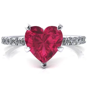 Sicili Heart Ruby 5 Prong 3/4 Micro Pave Diamond Engagement Ring
