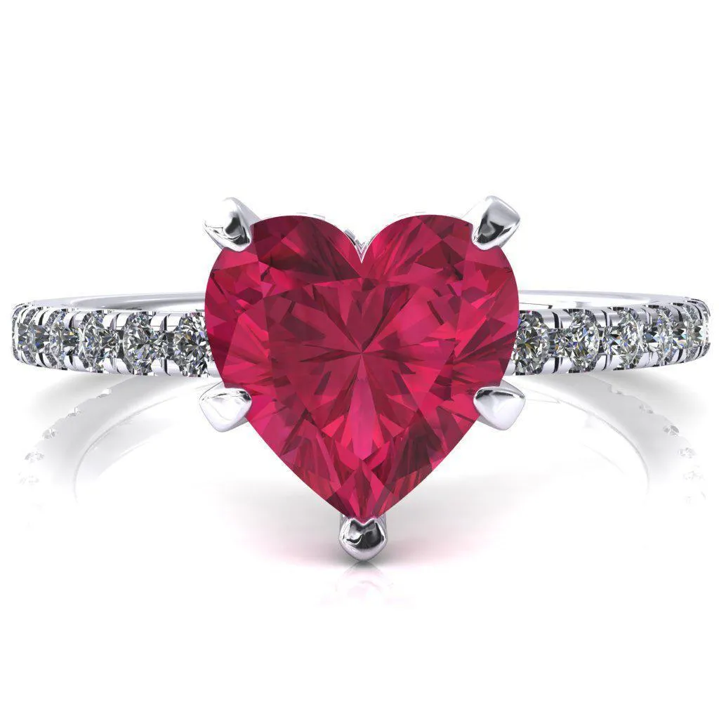 Sicili Heart Ruby 5 Prong 3/4 Micro Pave Diamond Engagement Ring