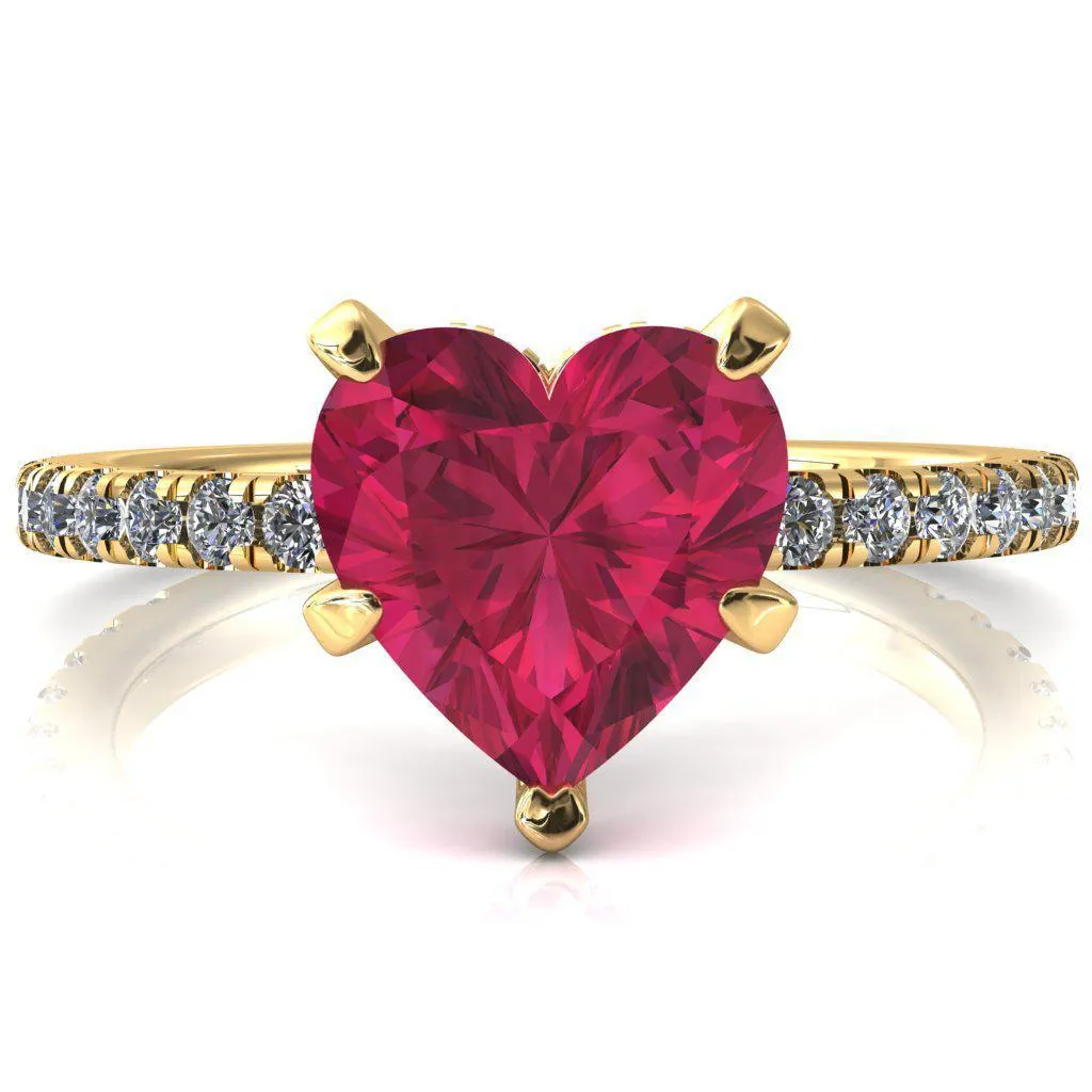 Sicili Heart Ruby 5 Prong 3/4 Micro Pave Diamond Engagement Ring