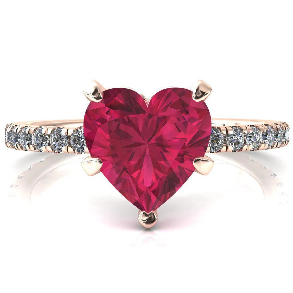 Sicili Heart Ruby 5 Prong 3/4 Micro Pave Diamond Engagement Ring
