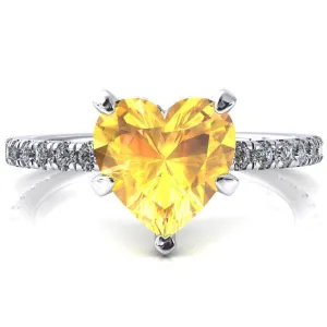 Sicili Heart Yellow Sapphire 5 Prong 3/4 Micro Pave Diamond Engagement Ring