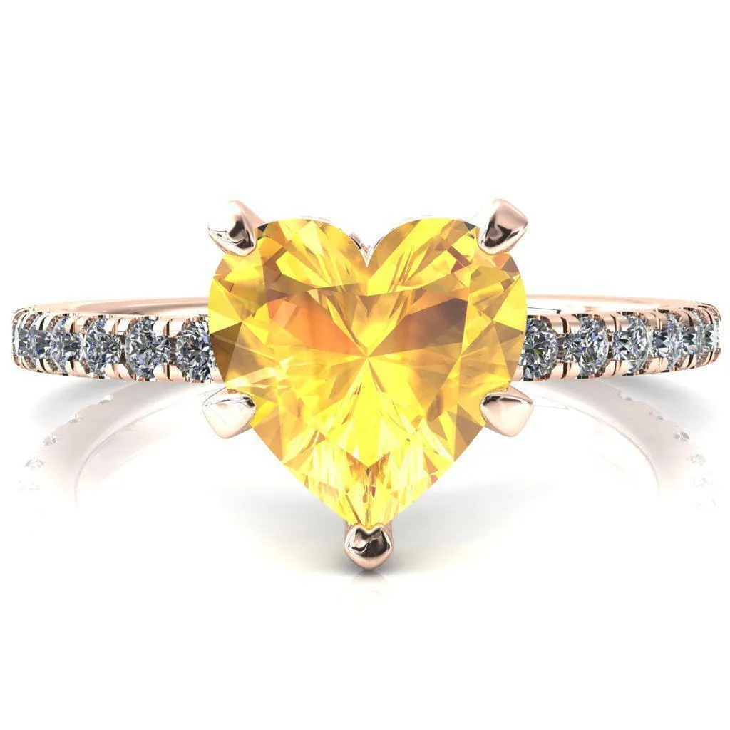 Sicili Heart Yellow Sapphire 5 Prong 3/4 Micro Pave Diamond Engagement Ring