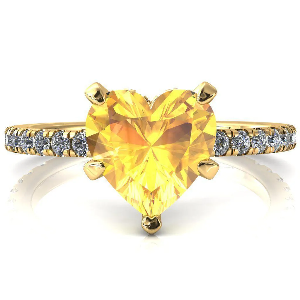 Sicili Heart Yellow Sapphire 5 Prong 3/4 Micro Pave Diamond Engagement Ring
