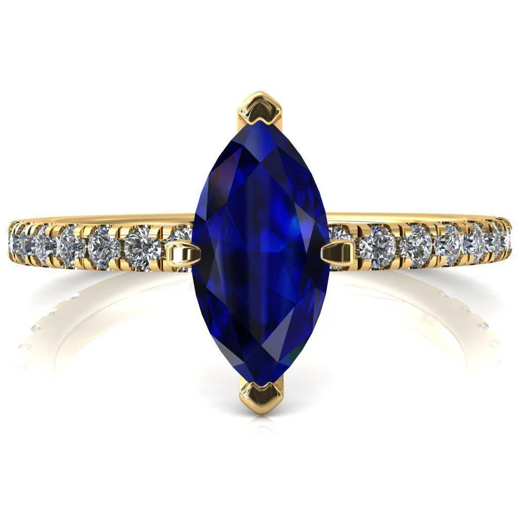 Sicili Marquise Blue Sapphire 6 Prong 3/4 Micro Pave Diamond Engagement Ring