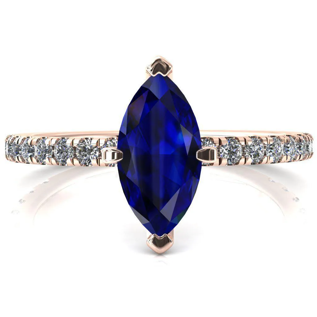 Sicili Marquise Blue Sapphire 6 Prong 3/4 Micro Pave Diamond Engagement Ring