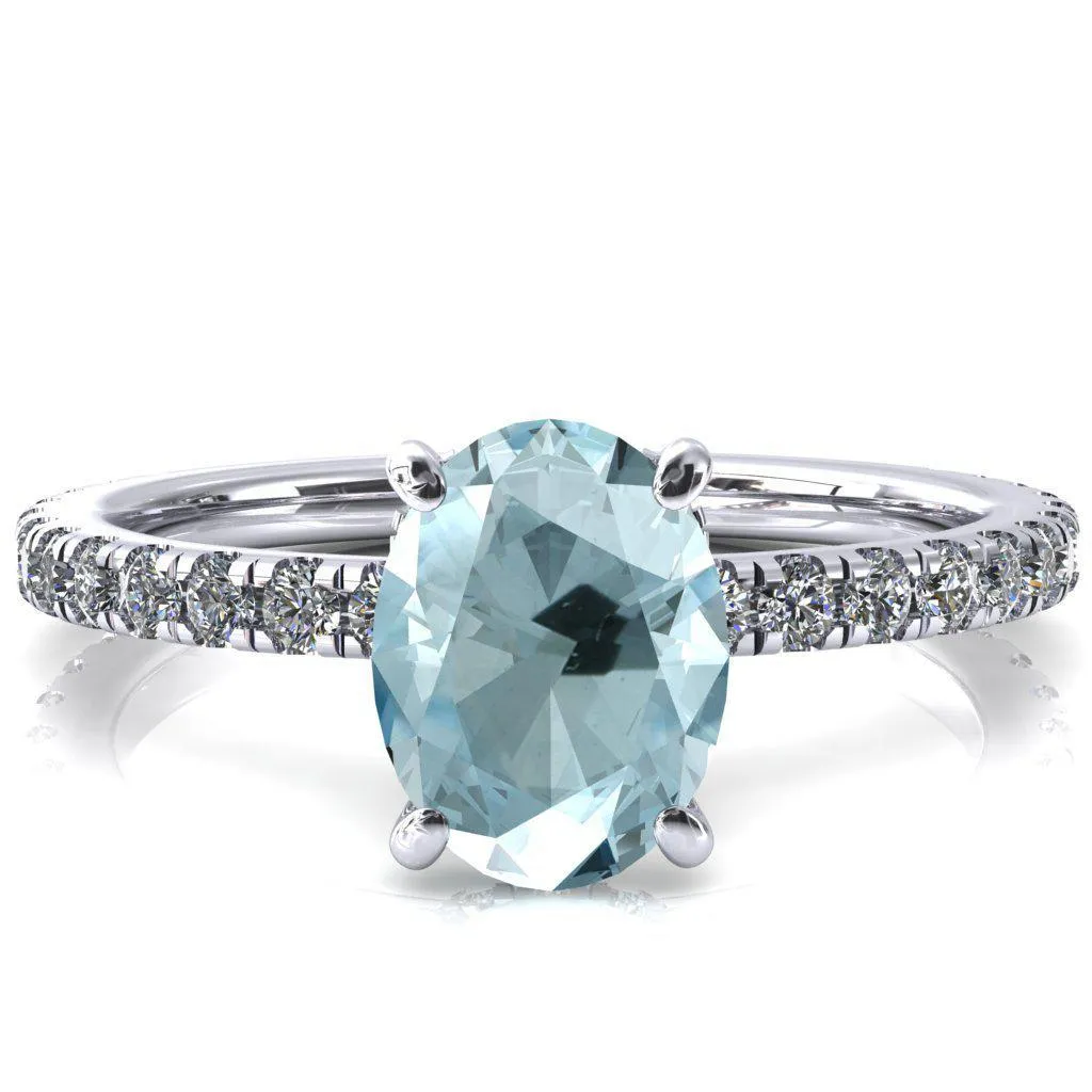 Sicili Oval Aqua Blue Spinel 4 Prong 3/4 Micro Pave Diamond Engagement Ring