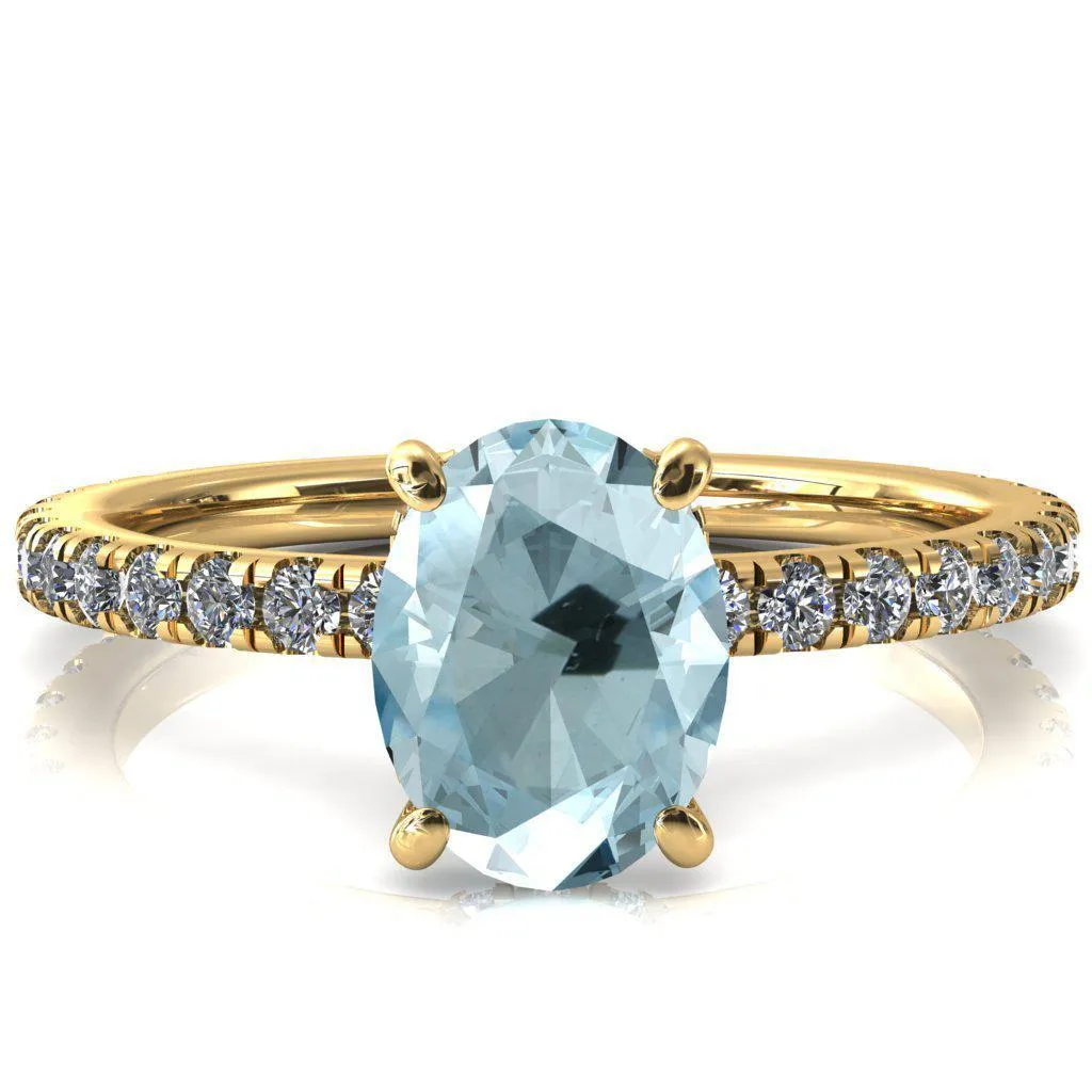Sicili Oval Aqua Blue Spinel 4 Prong 3/4 Micro Pave Diamond Engagement Ring