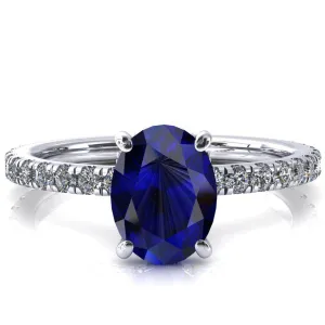 Sicili Oval Blue Sapphire 4 Prong 3/4 Micro Pave Diamond Engagement Ring