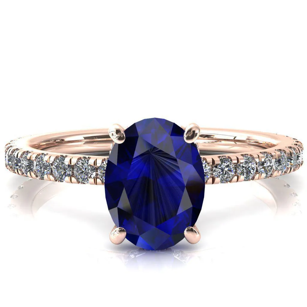 Sicili Oval Blue Sapphire 4 Prong 3/4 Micro Pave Diamond Engagement Ring