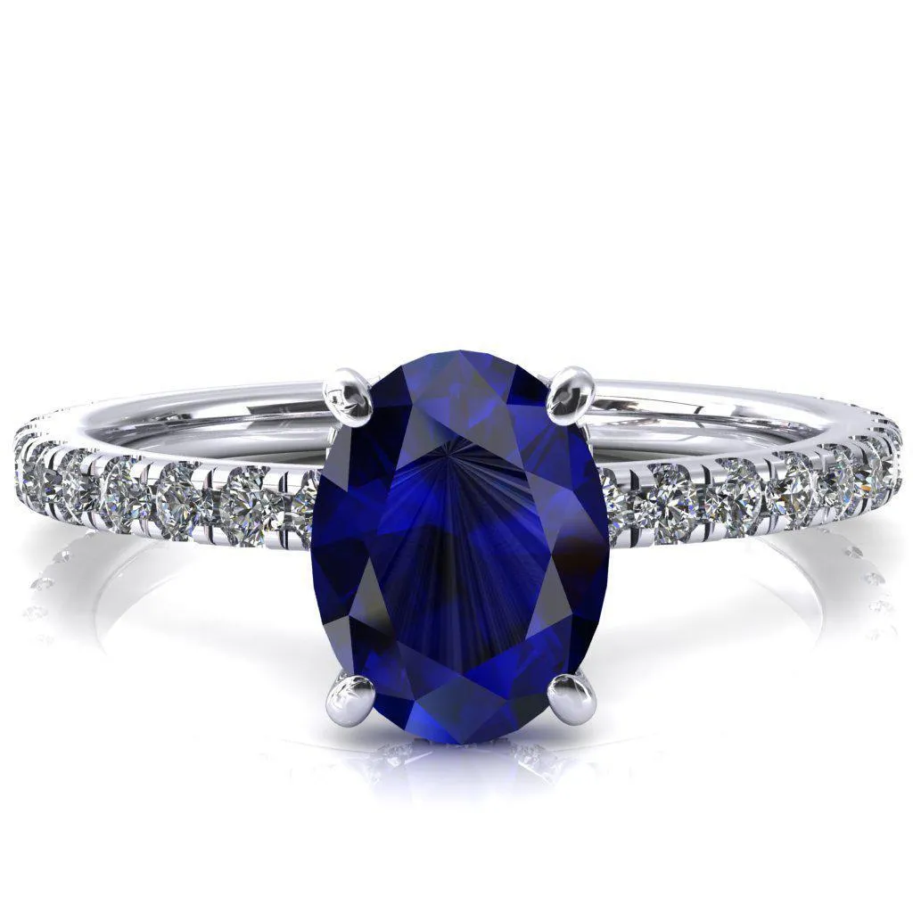 Sicili Oval Blue Sapphire 4 Prong 3/4 Micro Pave Diamond Engagement Ring