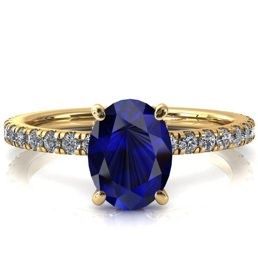 Sicili Oval Blue Sapphire 4 Prong 3/4 Micro Pave Diamond Engagement Ring