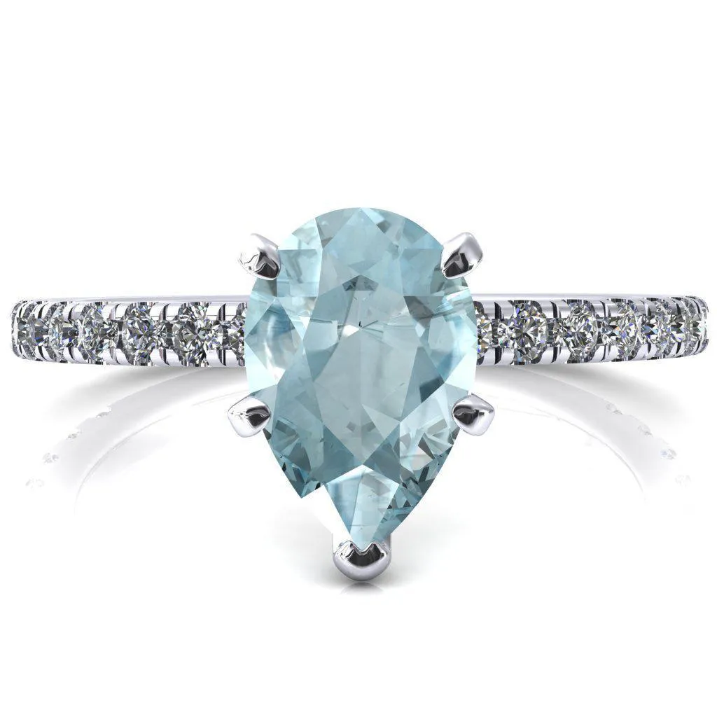 Sicili Pear Aqua Blue Spinel 5 Prong 3/4 Micro Pave Diamond Engagement Ring