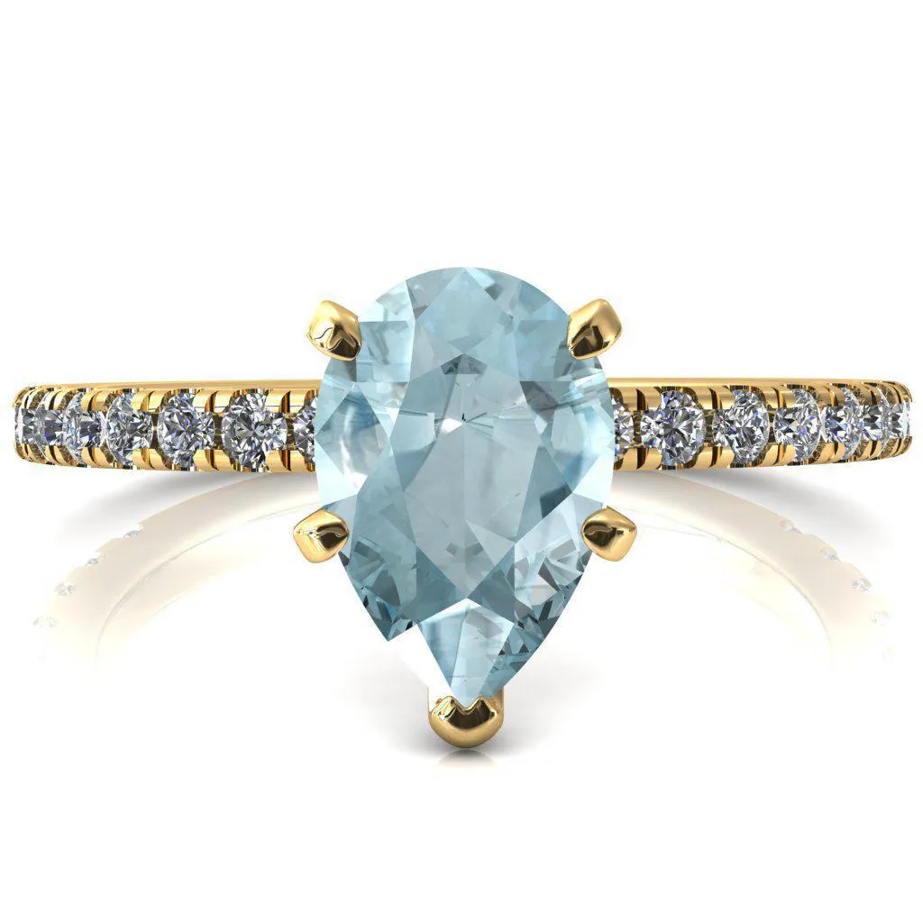 Sicili Pear Aqua Blue Spinel 5 Prong 3/4 Micro Pave Diamond Engagement Ring