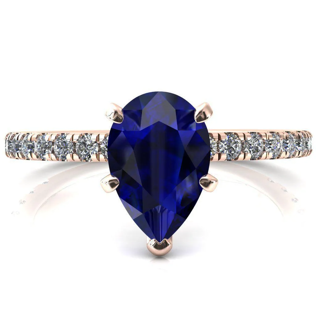 Sicili Pear Blue Sapphire 5 Prong 3/4 Micro Pave Diamond Engagement Ring