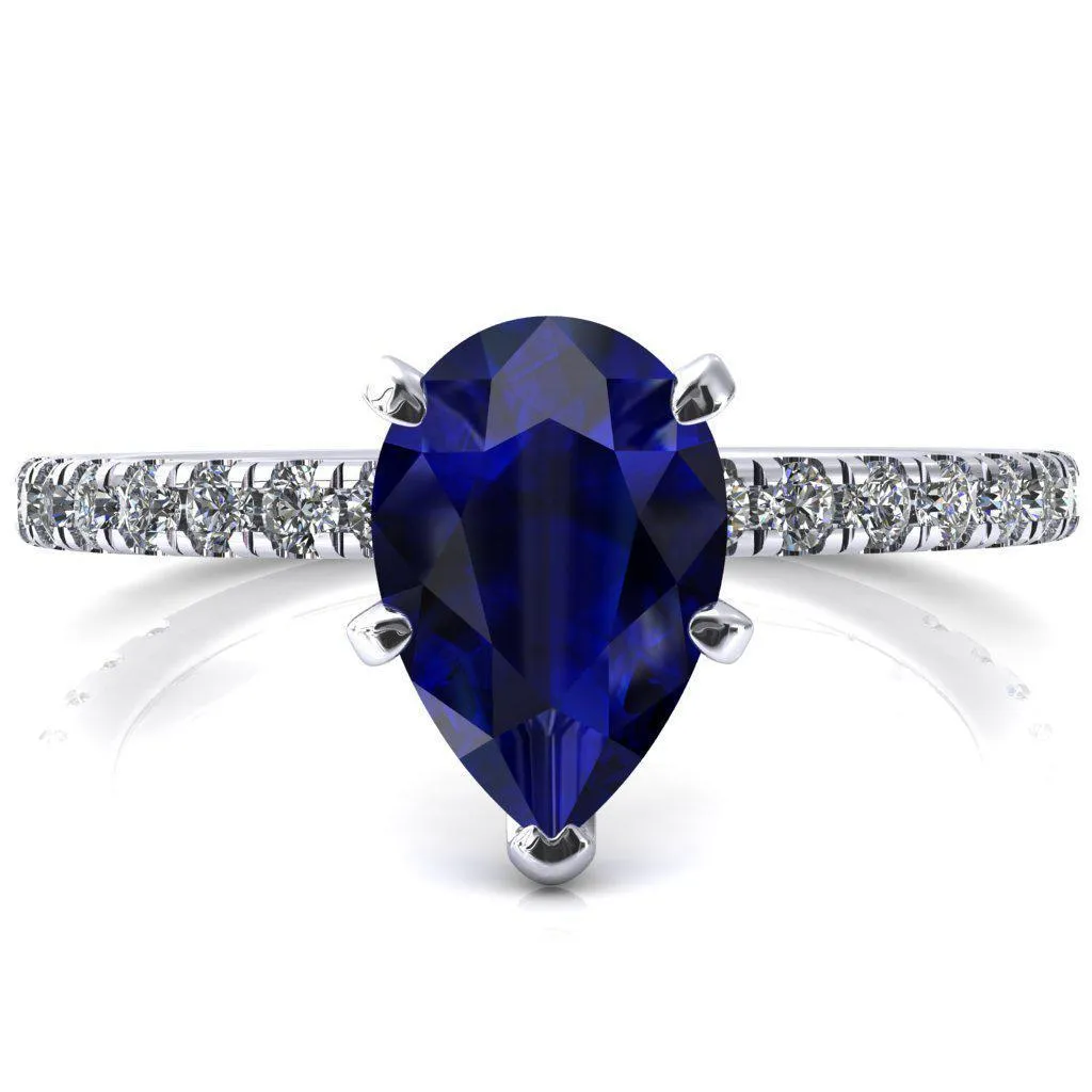 Sicili Pear Blue Sapphire 5 Prong 3/4 Micro Pave Diamond Engagement Ring