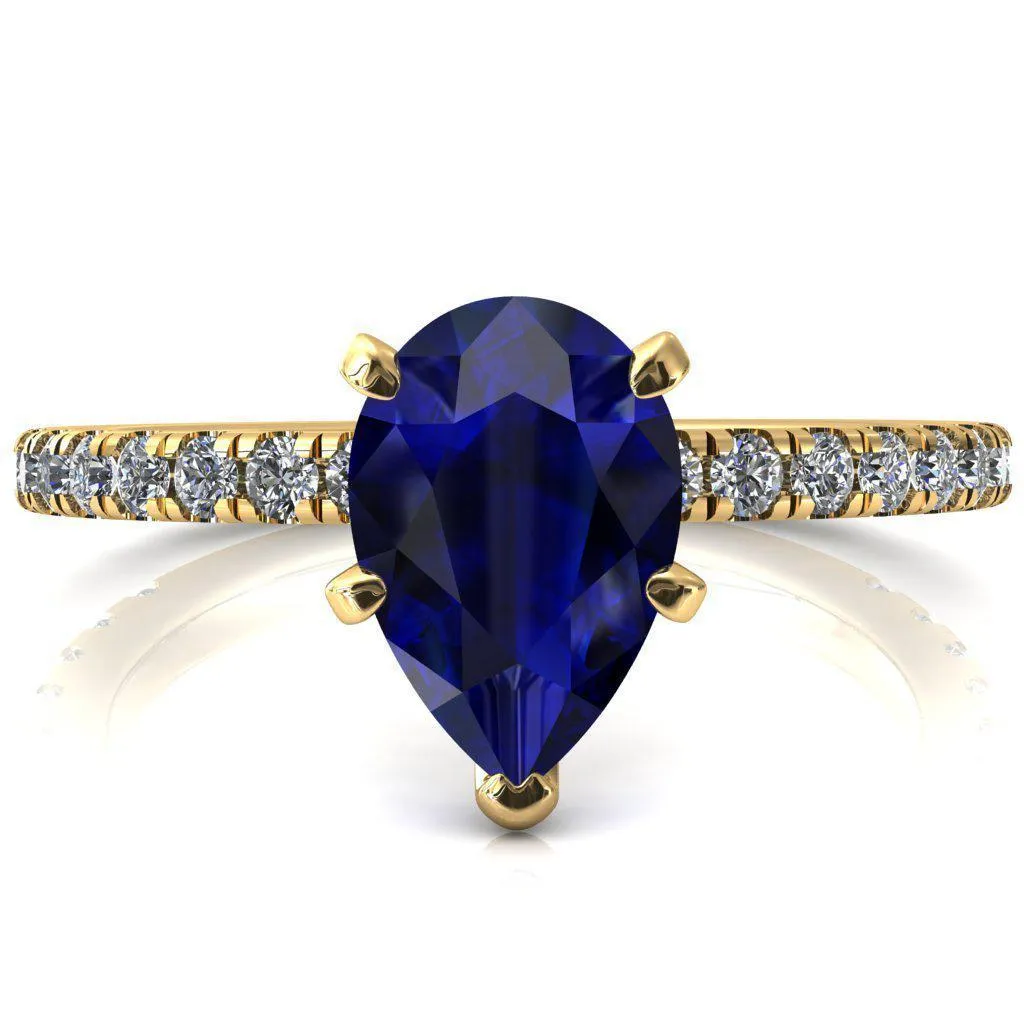 Sicili Pear Blue Sapphire 5 Prong 3/4 Micro Pave Diamond Engagement Ring
