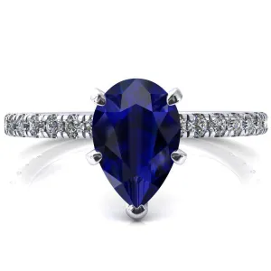 Sicili Pear Blue Sapphire 5 Prong 3/4 Micro Pave Diamond Engagement Ring