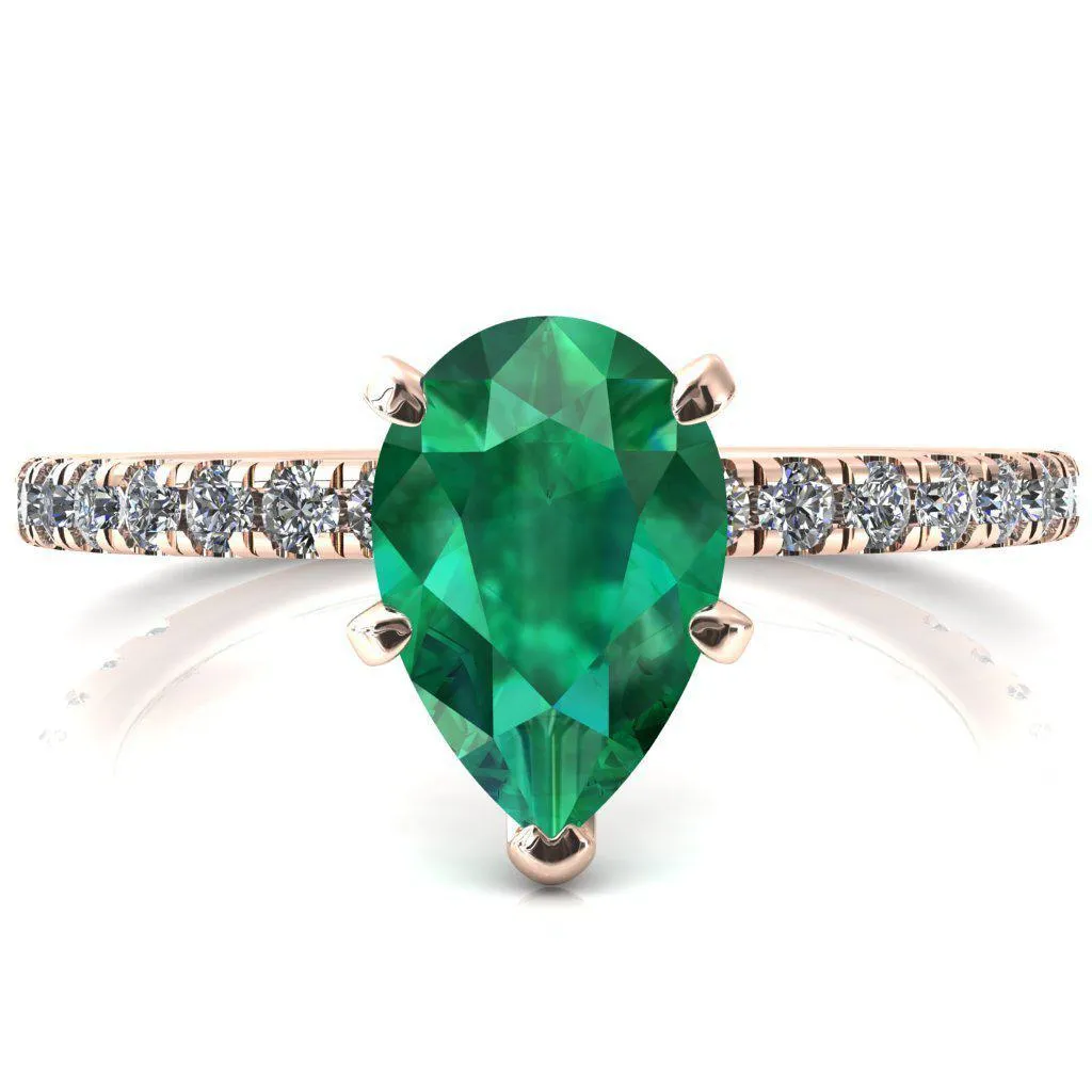Sicili Pear Emerald 5 Prong 3/4 Micro Pave Diamond Engagement Ring