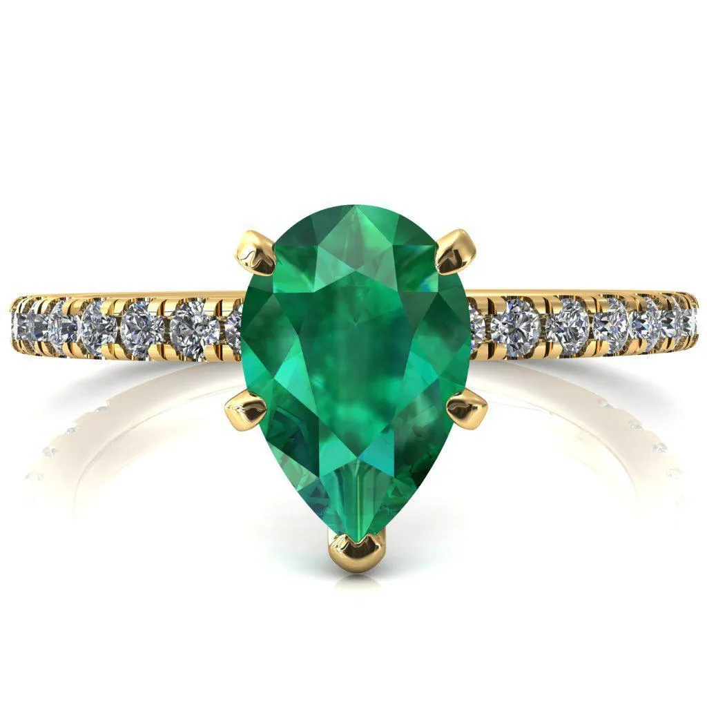 Sicili Pear Emerald 5 Prong 3/4 Micro Pave Diamond Engagement Ring