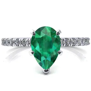 Sicili Pear Emerald 5 Prong 3/4 Micro Pave Diamond Engagement Ring