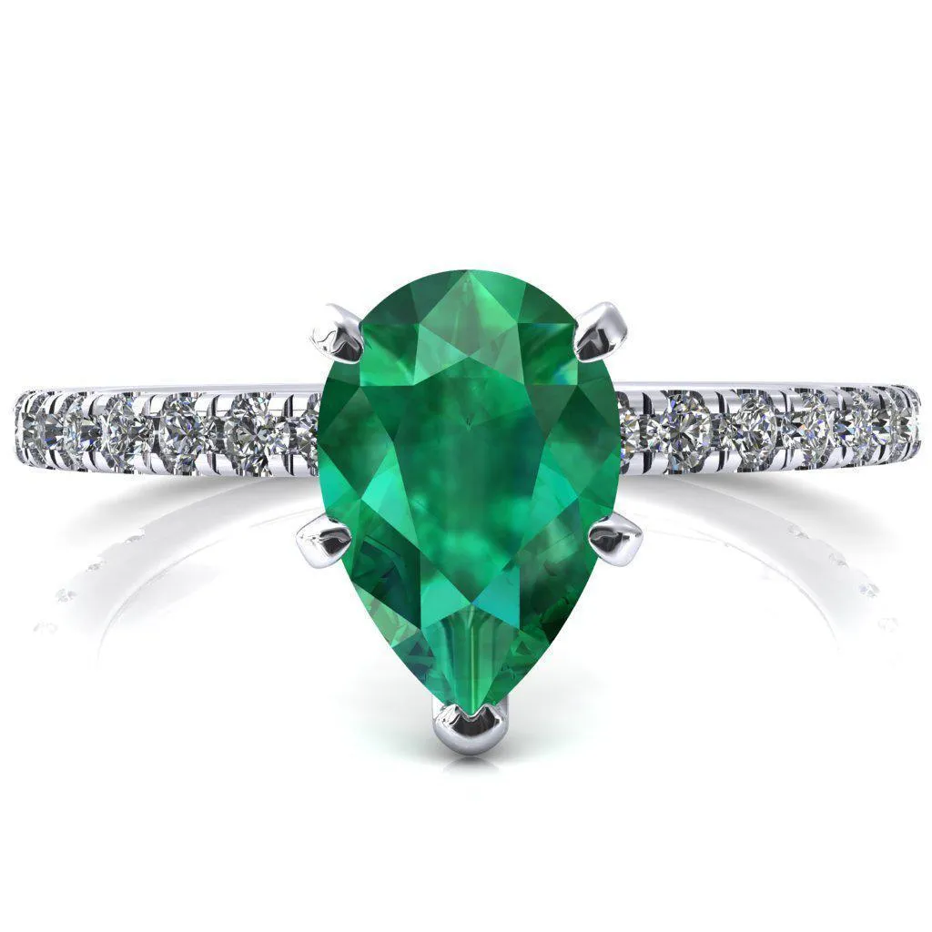 Sicili Pear Emerald 5 Prong 3/4 Micro Pave Diamond Engagement Ring