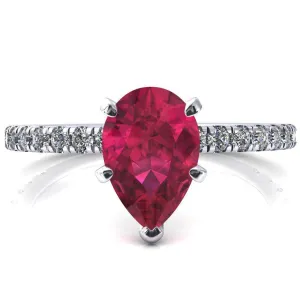 Sicili Pear Ruby 5 Prong 3/4 Micro Pave Diamond Engagement Ring