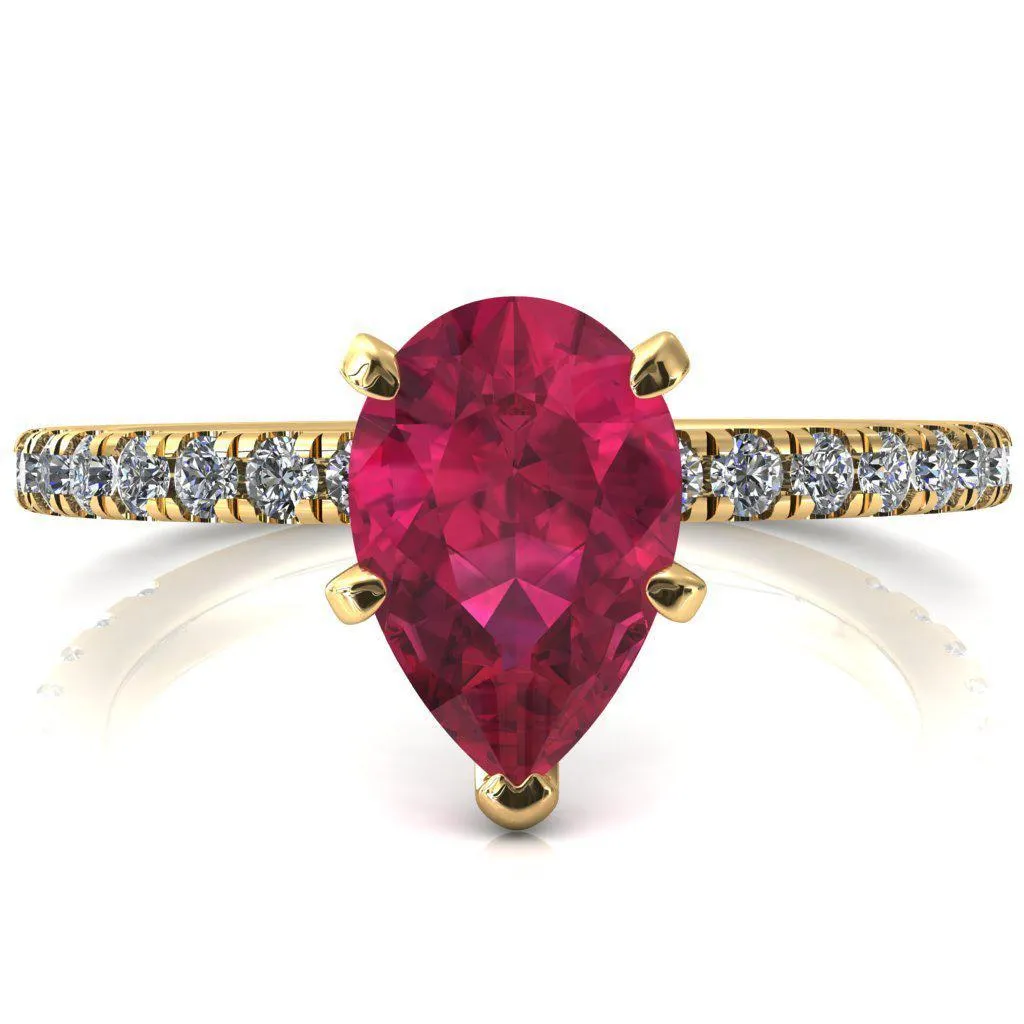 Sicili Pear Ruby 5 Prong 3/4 Micro Pave Diamond Engagement Ring