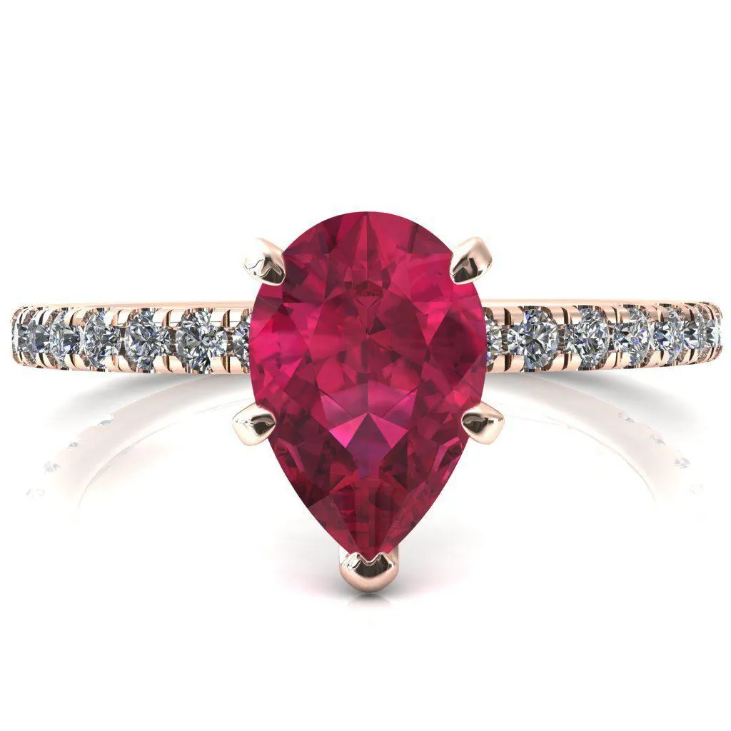Sicili Pear Ruby 5 Prong 3/4 Micro Pave Diamond Engagement Ring