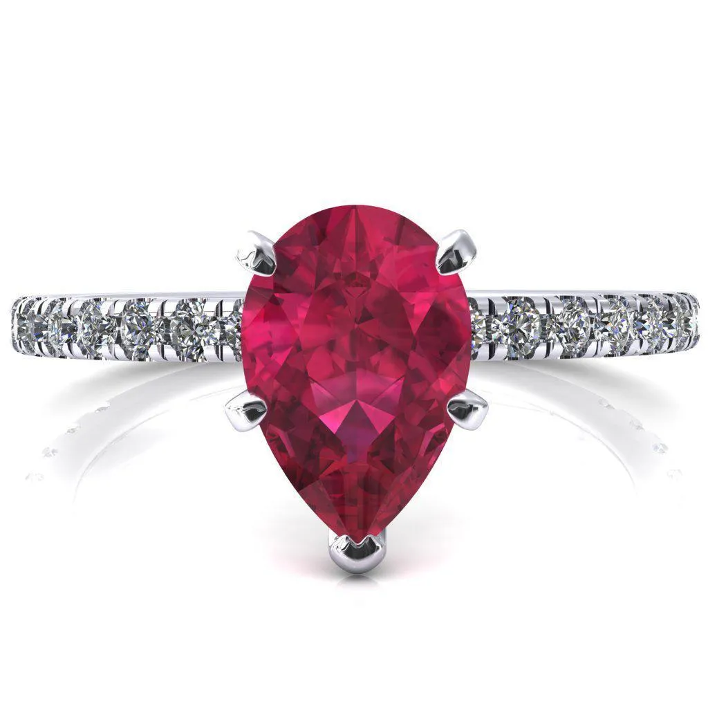 Sicili Pear Ruby 5 Prong 3/4 Micro Pave Diamond Engagement Ring