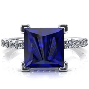 Sicili Princess Blue Sapphire 4 Prong 3/4 Micro Pave Diamond Engagement Ring