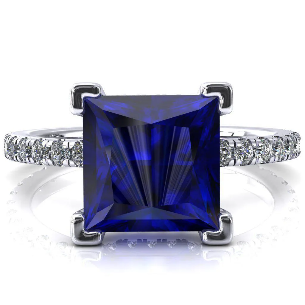 Sicili Princess Blue Sapphire 4 Prong 3/4 Micro Pave Diamond Engagement Ring