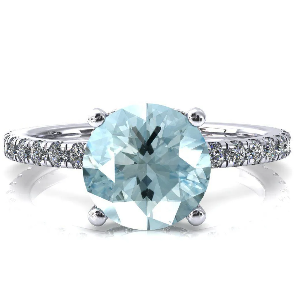 Sicili Round Aqua Blue Spinel 4 Prong 3/4 Micro Pave Diamond Engagement Ring