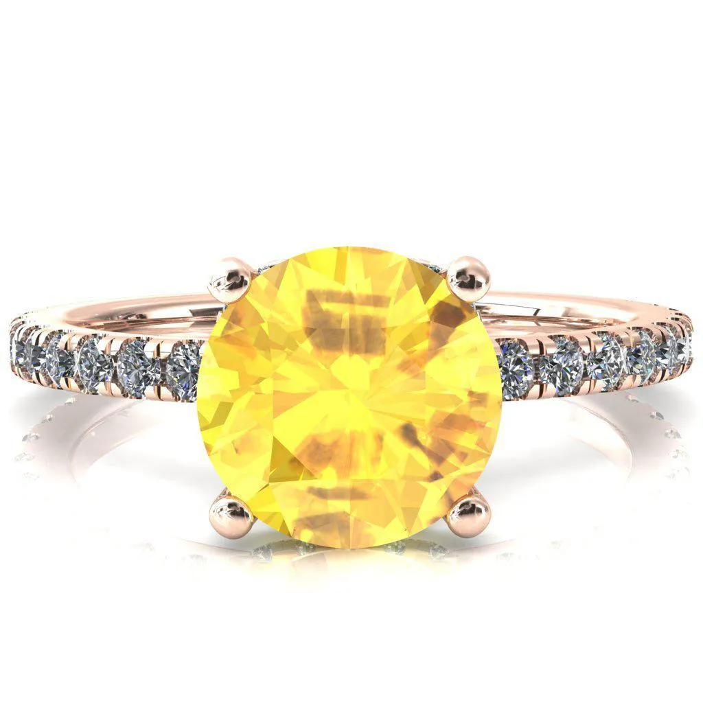 Sicili Round Yellow Sapphire 4 Prong 3/4 Micro Pave Diamond Engagement Ring