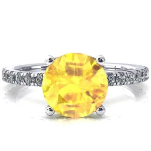 Sicili Round Yellow Sapphire 4 Prong 3/4 Micro Pave Diamond Engagement Ring