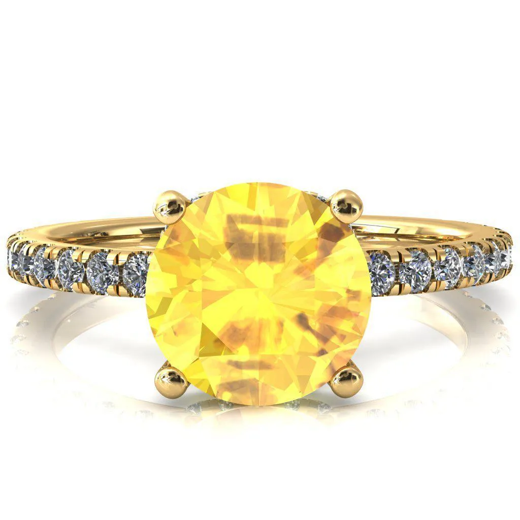Sicili Round Yellow Sapphire 4 Prong 3/4 Micro Pave Diamond Engagement Ring