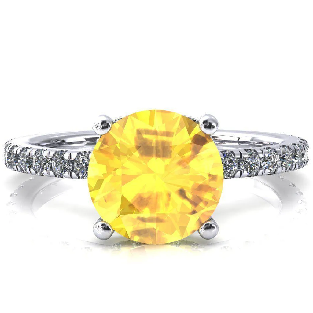 Sicili Round Yellow Sapphire 4 Prong 3/4 Micro Pave Diamond Engagement Ring