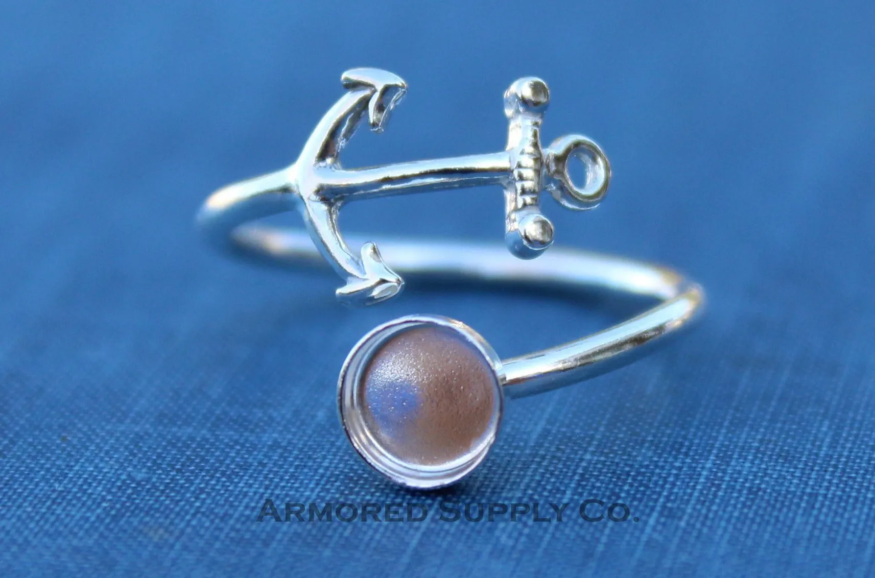 Silver 10mm Round Silver Anchor Wrap Bypass Adjustable Bezel Cup Ring blank