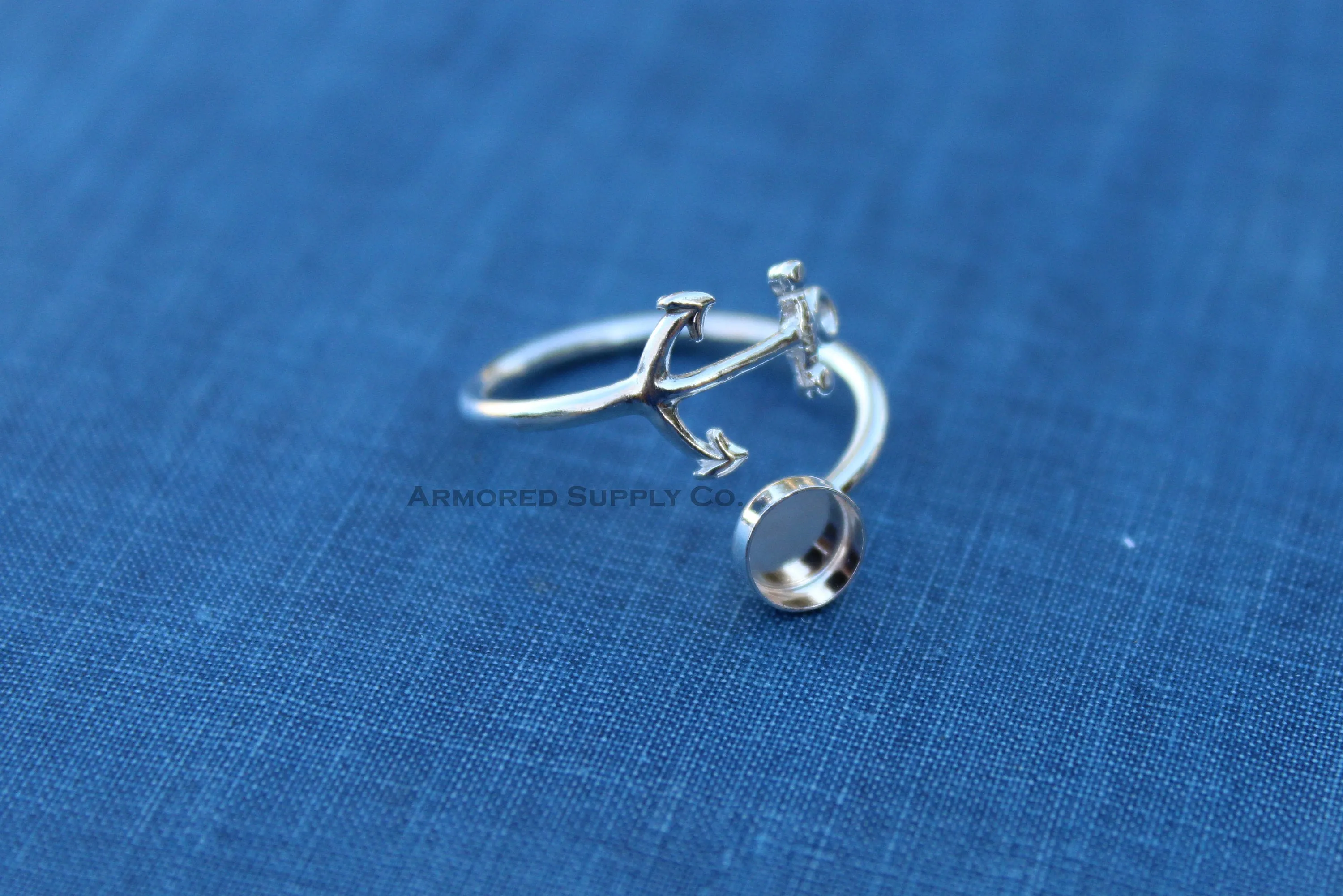 Silver 10mm Round Silver Anchor Wrap Bypass Adjustable Bezel Cup Ring blank