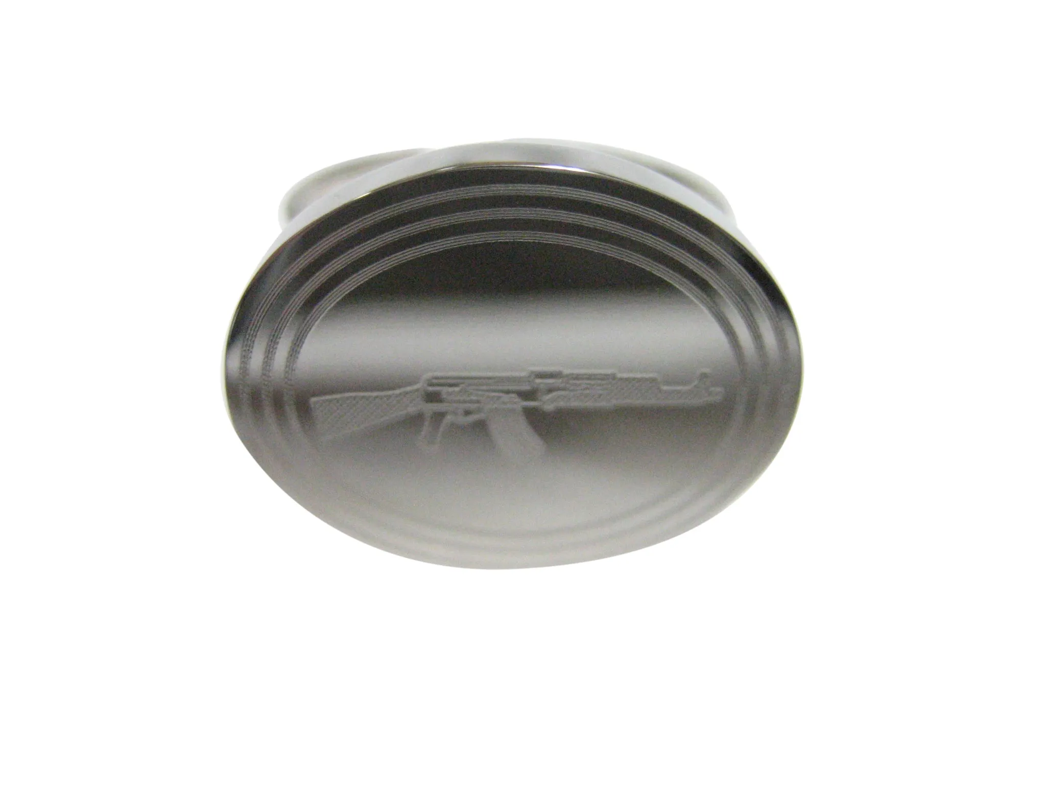 Silver Toned Etched Oval AK47 Rifle Adjustable Size Fashion Ring