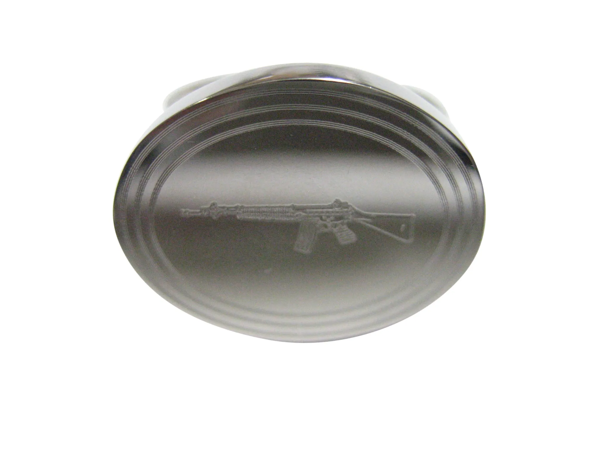 Silver Toned Etched Oval Left Facing AK47 Rifle Adjustable Size Fashion Ring