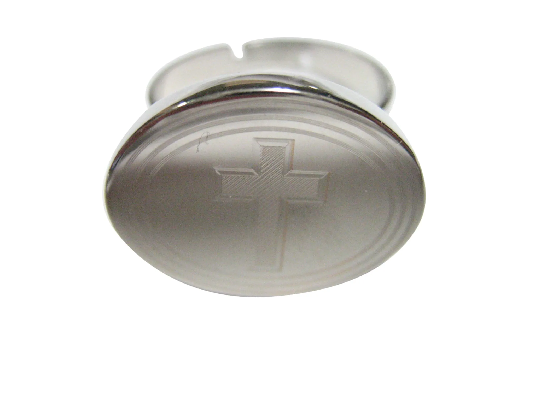 Silver Toned Etched Oval Religious Cross Adjustable Size Fashion Ring