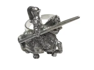 Silver Toned Jousting Knight Adjustable Size Fashion Ring