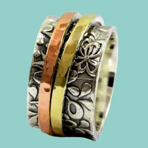 Spinner ring for woman. Floral rings for ladies engagement ring silver gold