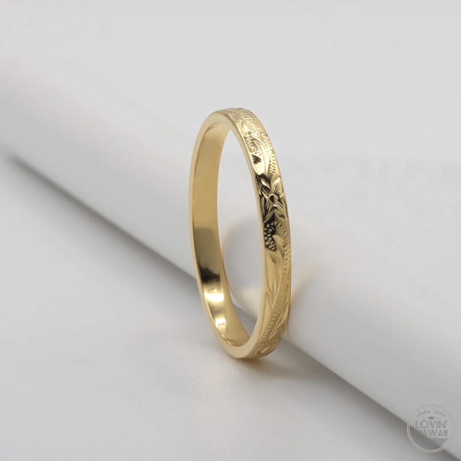 Stackable Hawaiian Ring with Engraved Design (2MM Width, Flat Style)