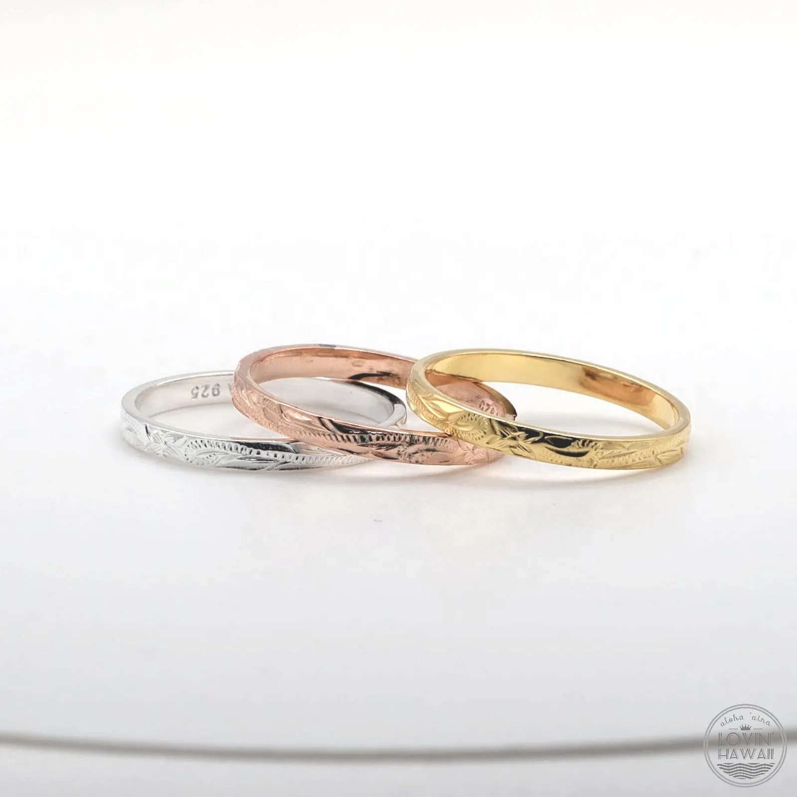 Stackable Hawaiian Ring with Engraved Design (2MM Width, Flat Style)