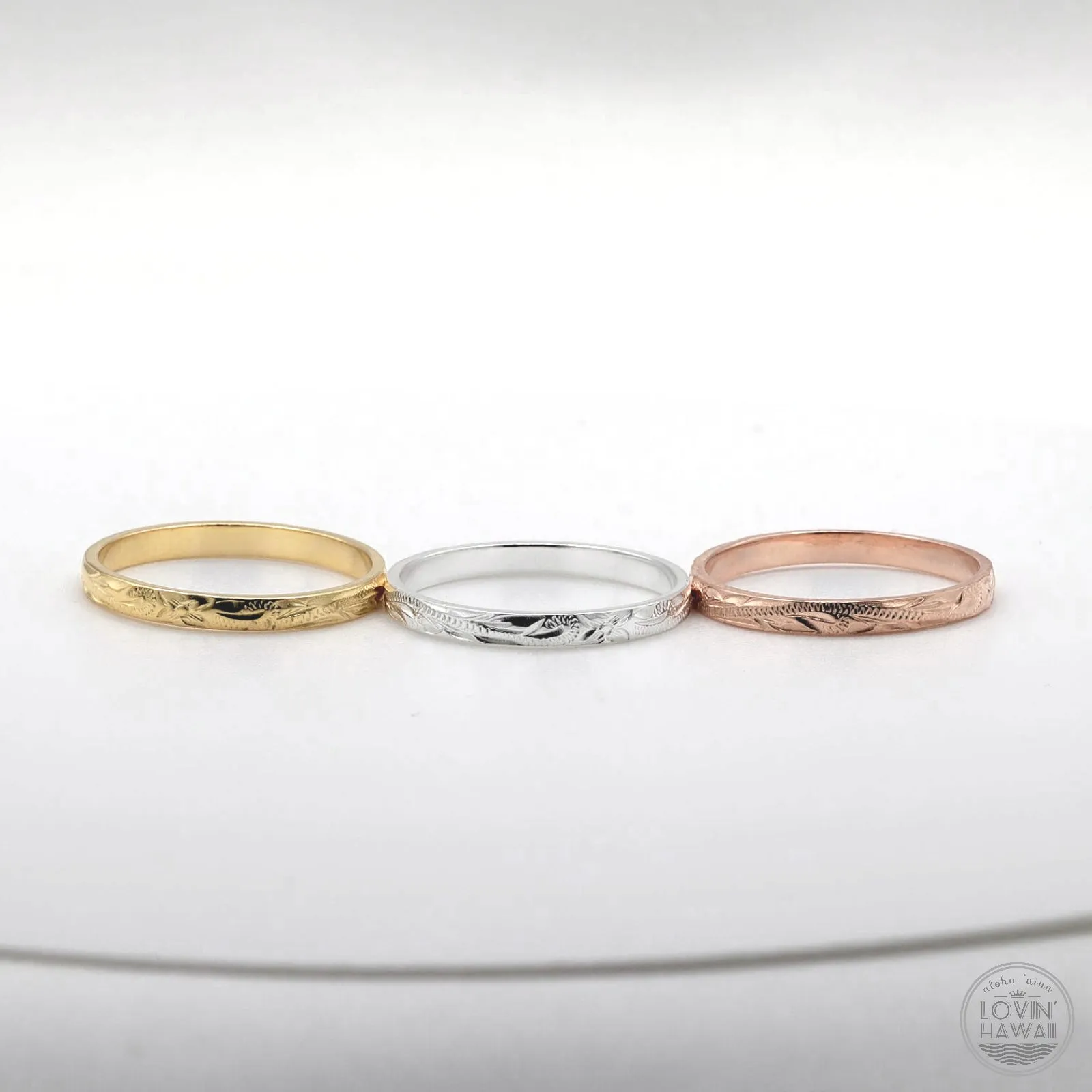 Stackable Hawaiian Ring with Engraved Design (2MM Width, Flat Style)