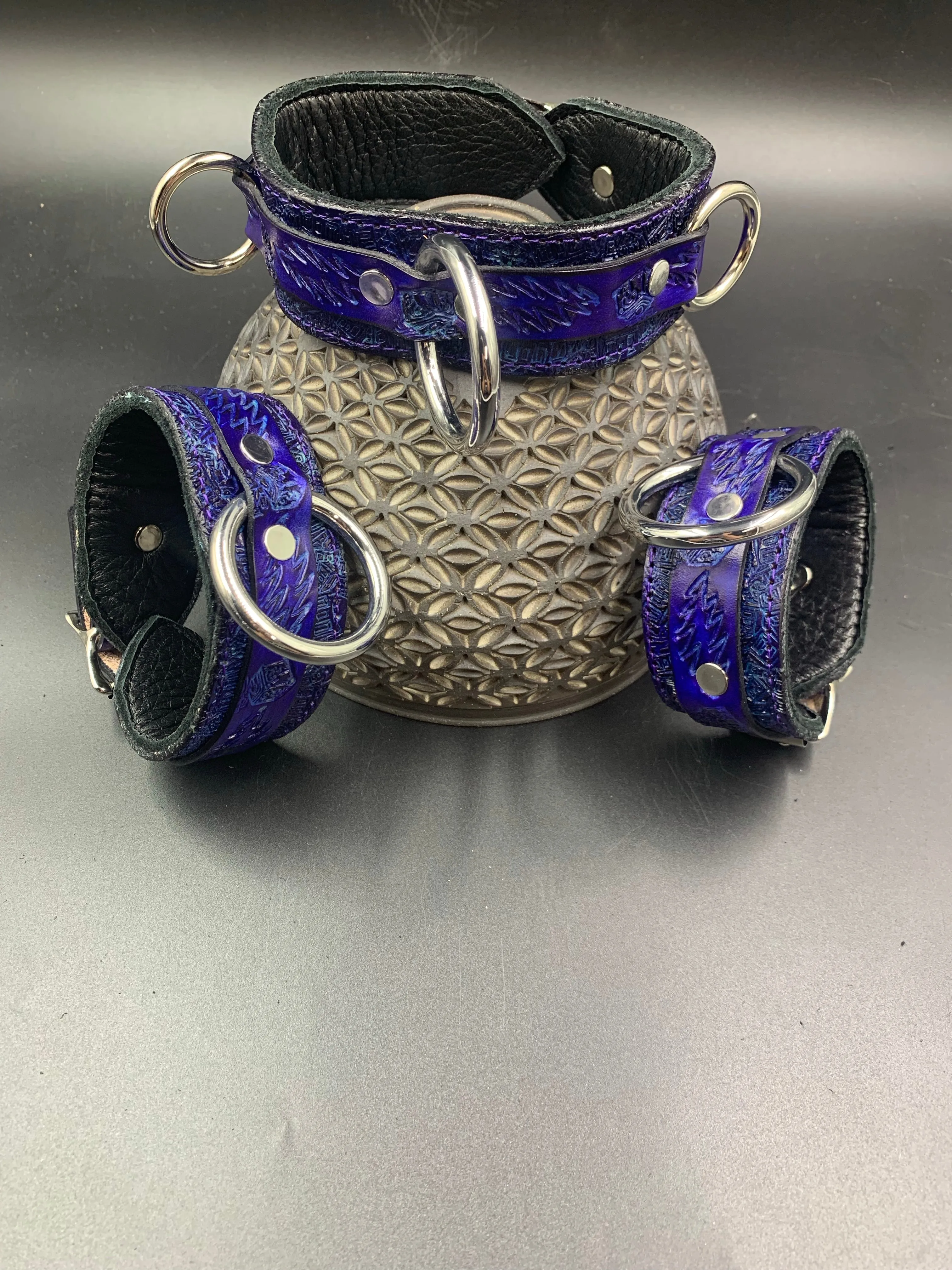 Stamped Leather Bondage Gear - Collar and 1 Cuff Set