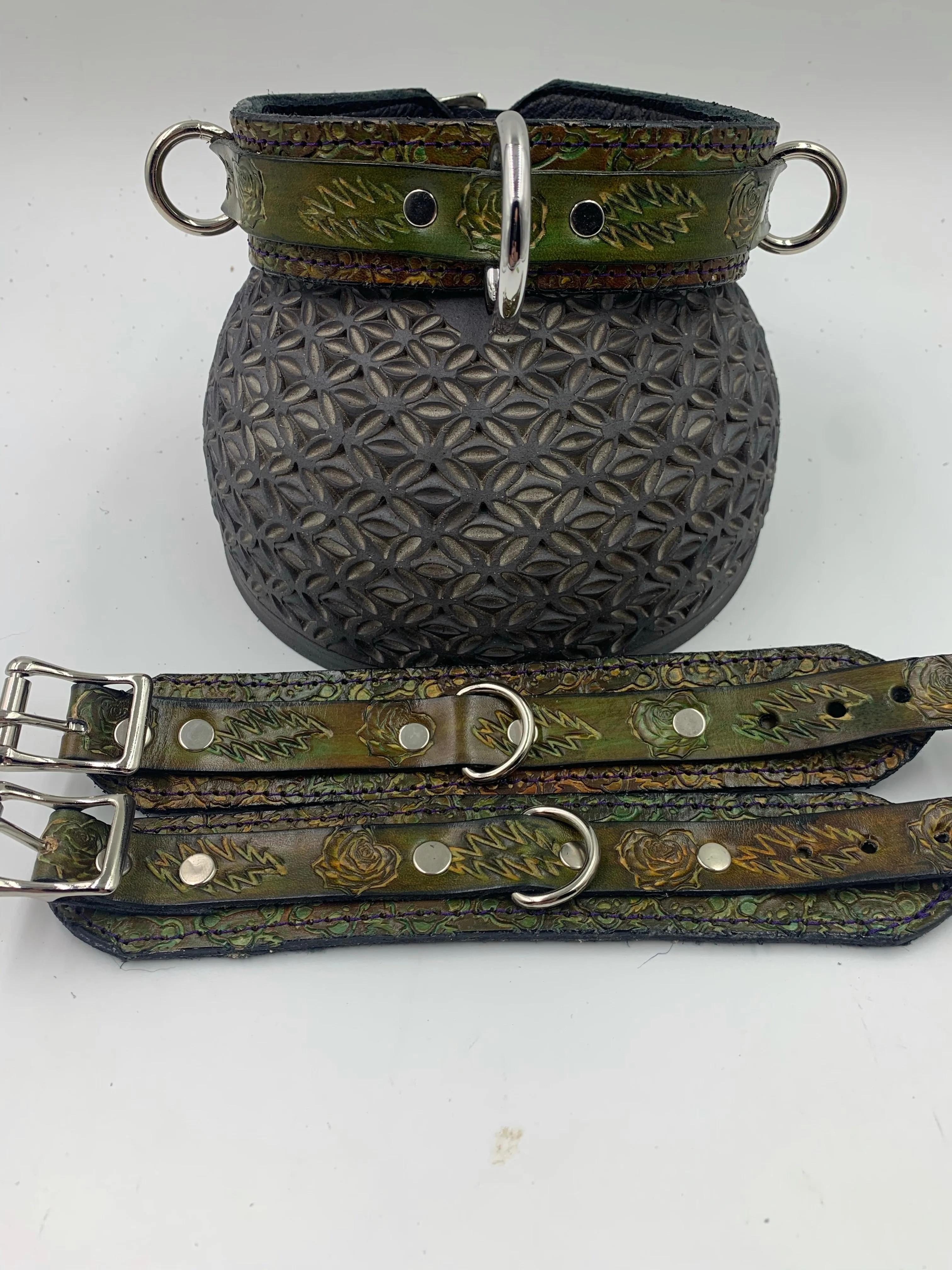 Stamped Leather Bondage Gear - Collar and 1 Cuff Set